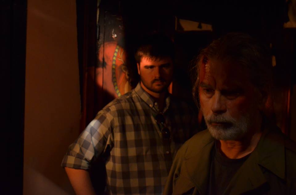 Behind the scenes image from the movie Hide and Go Seek. Director Jacob Whitley with actor Don Scribner
