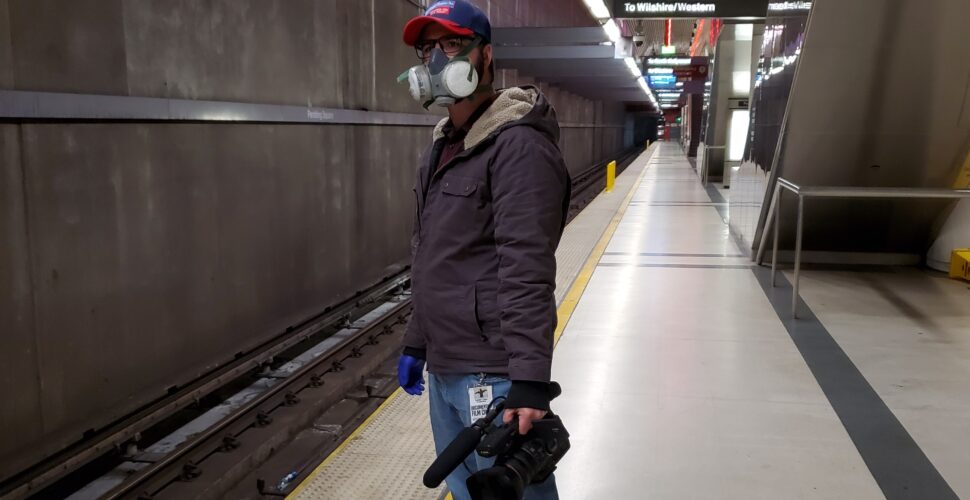 Filming the documentary Global Panic during the pandemic of 2020 on a subway platform in Los Angeles