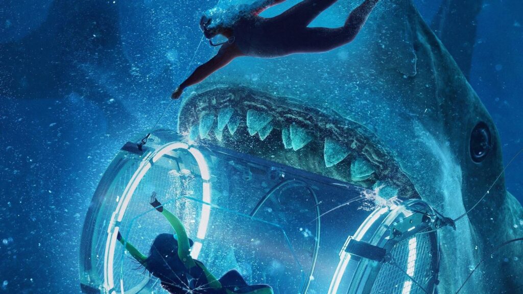 still image from The Meg movie with Jason Statham avoiding the megalodon shark.